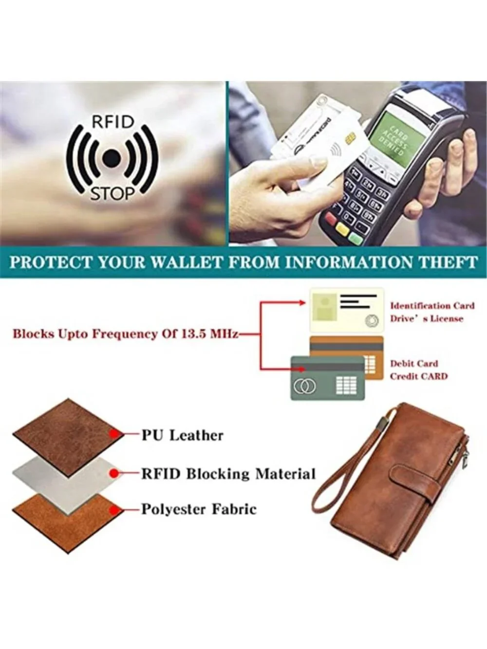 Womens RFID Wristlet Wallet Large Capacity Vegan Leather Card Holder Brown